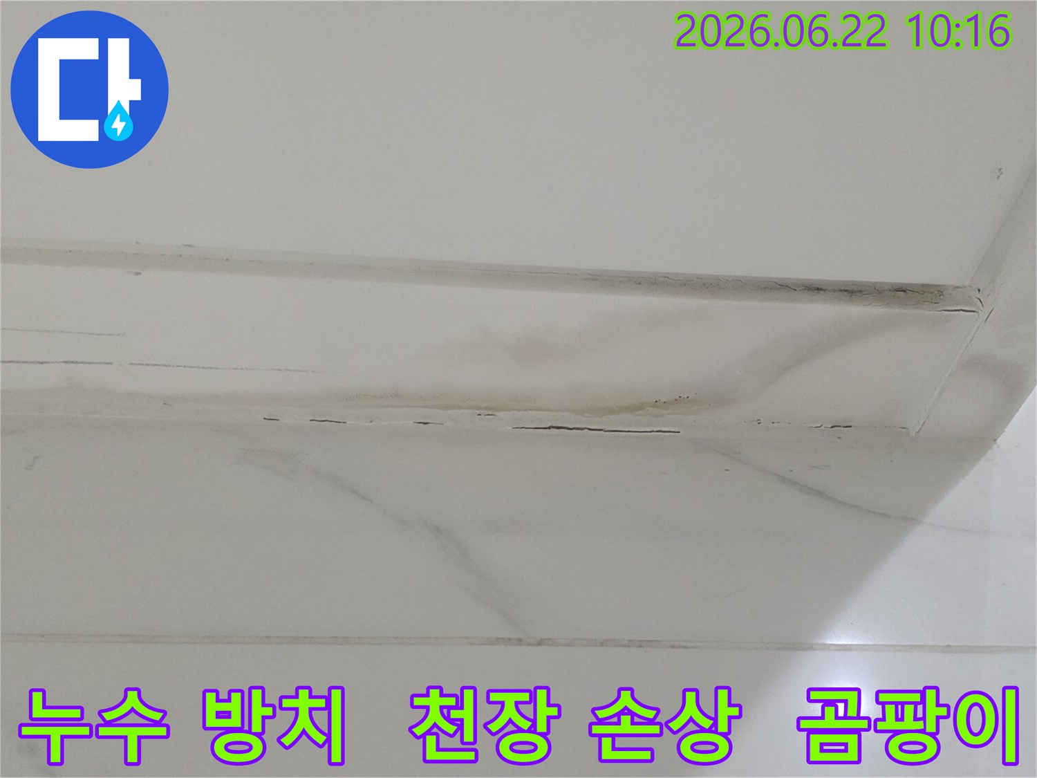 누수 흔적을 방치하여-천장 마감재가 심하게 손상되고-곰팡이가 번진 심각한 상황