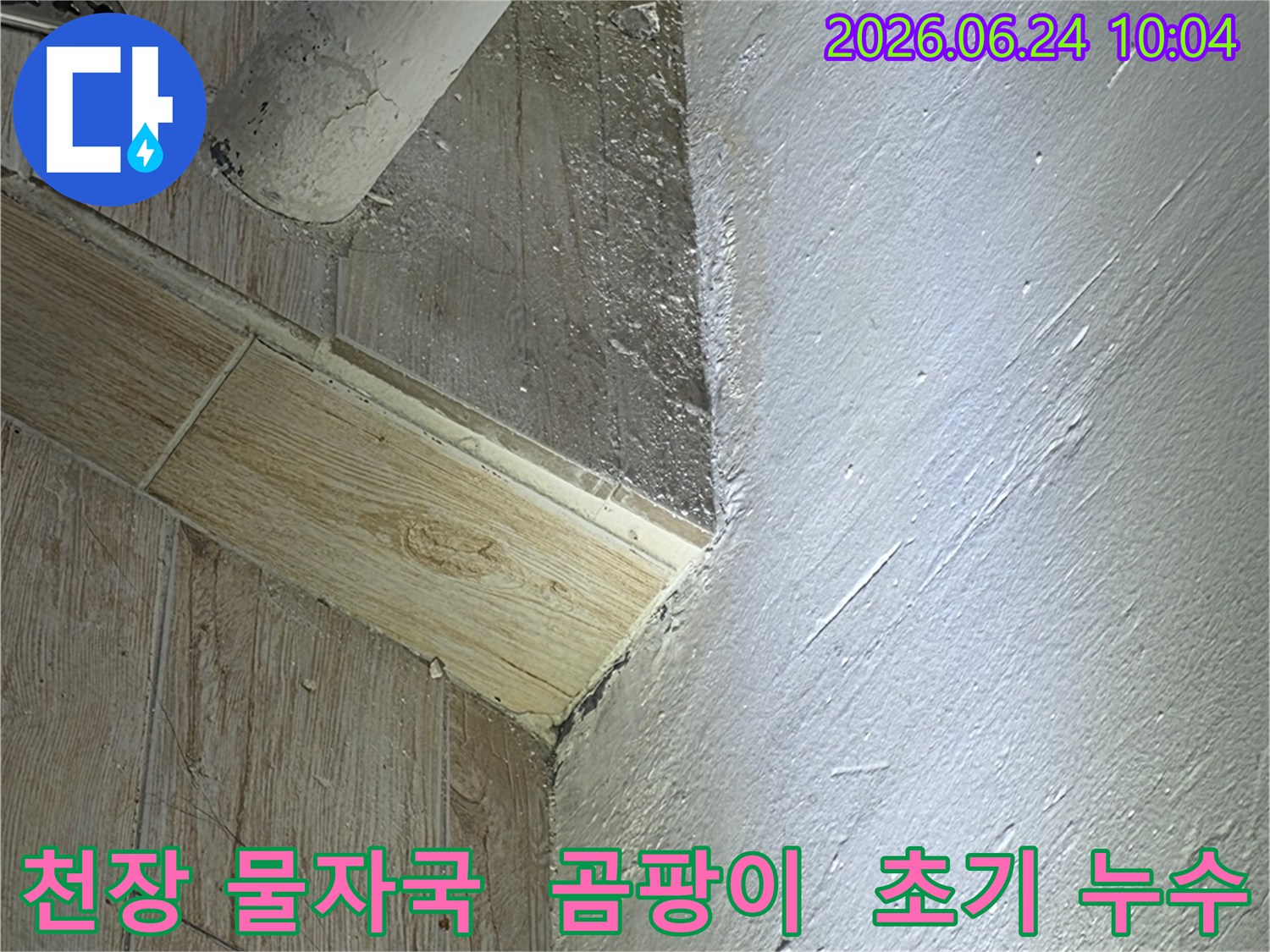 천장 모서리에-생긴 물자국과-작은 곰팡이-그리고 젖은 흔적이-보이는 초기 누수 증상