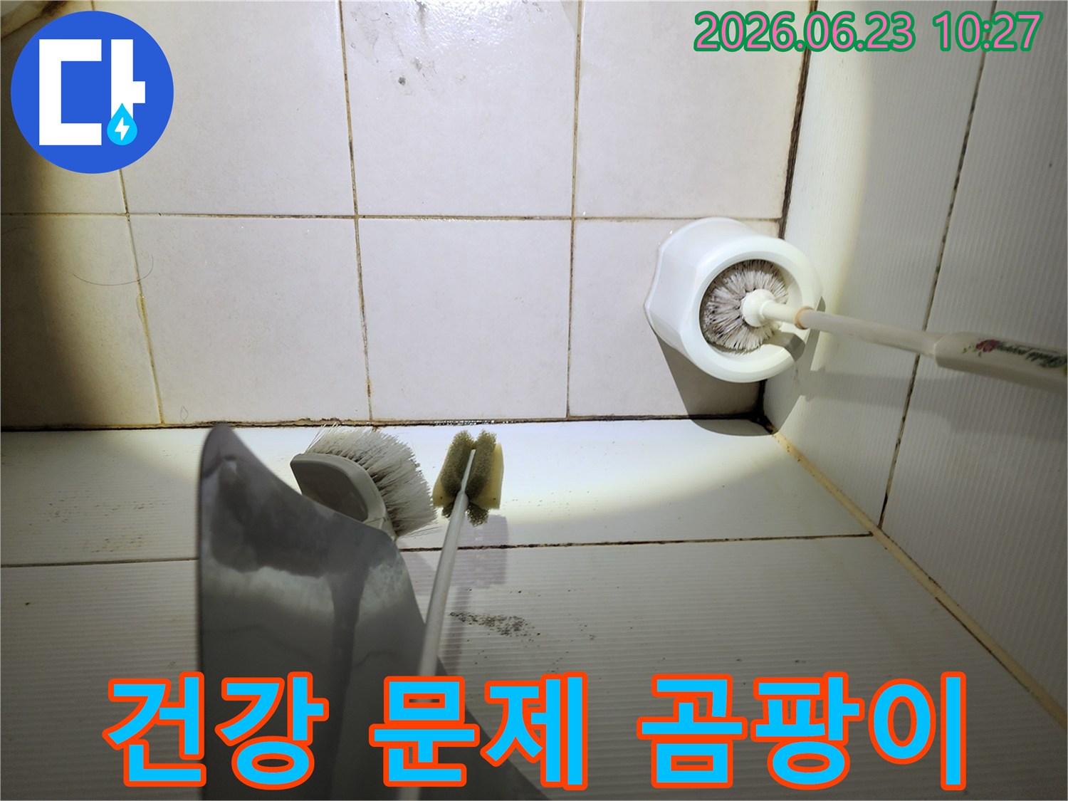 이 이미지는-욕실 바닥 타일의-줄눈에 생긴-검은 곰팡이와-오염된 청소용품-주변을-보여주며-곰팡이로 인한-건강 문제 예방의-중요성을-시사합니다.