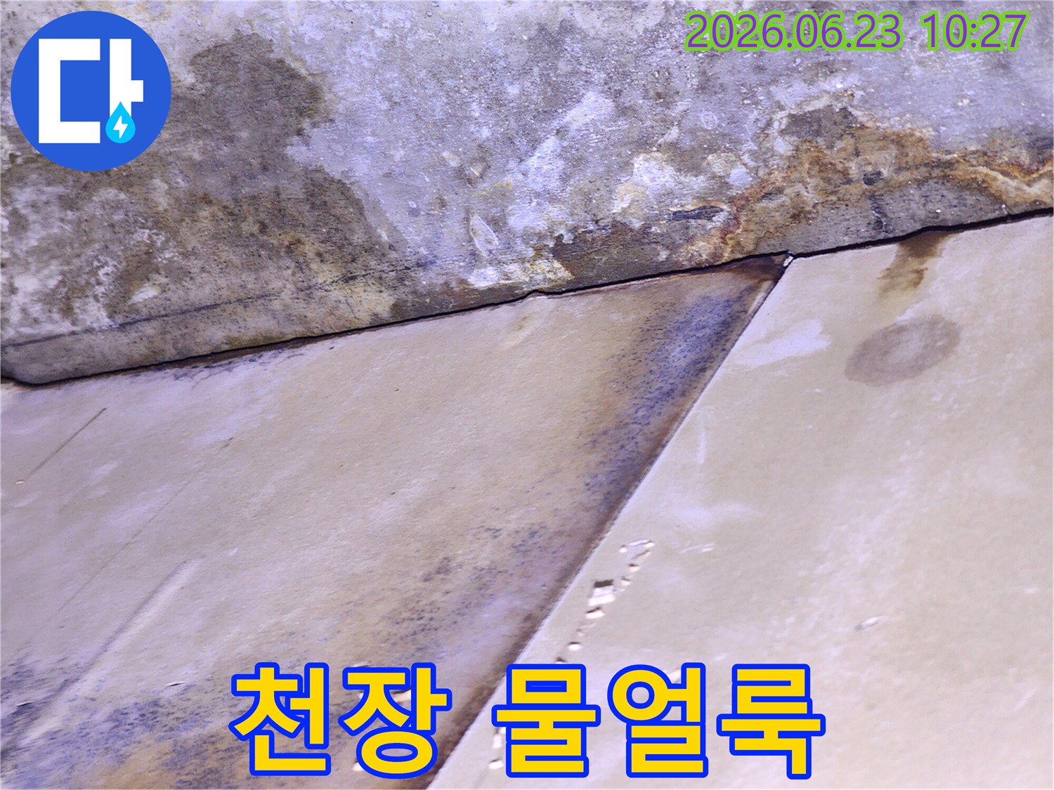천장 표면에 물이 스며들어 생긴 얼룩과-변색이 뚜렷하게 보이는-누수 현장의 상세 모습
