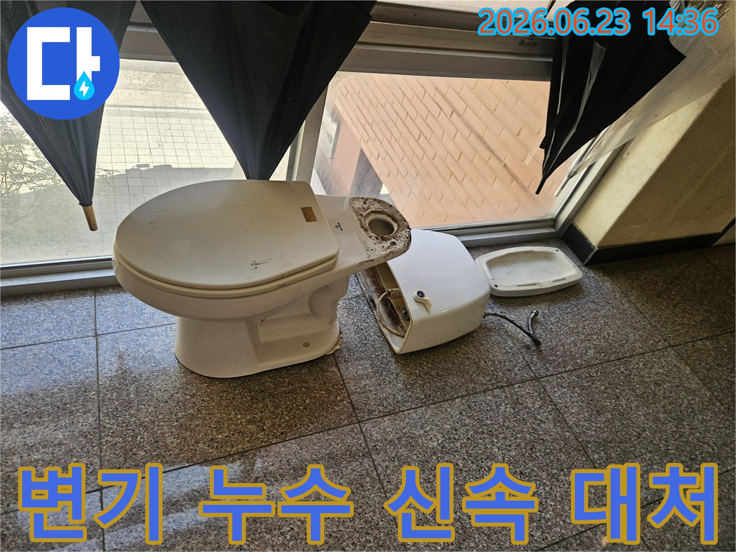 파손된-변기에서-발생한-누수에-대해-전문가가-신속하고-정확하게-대처하는-모습