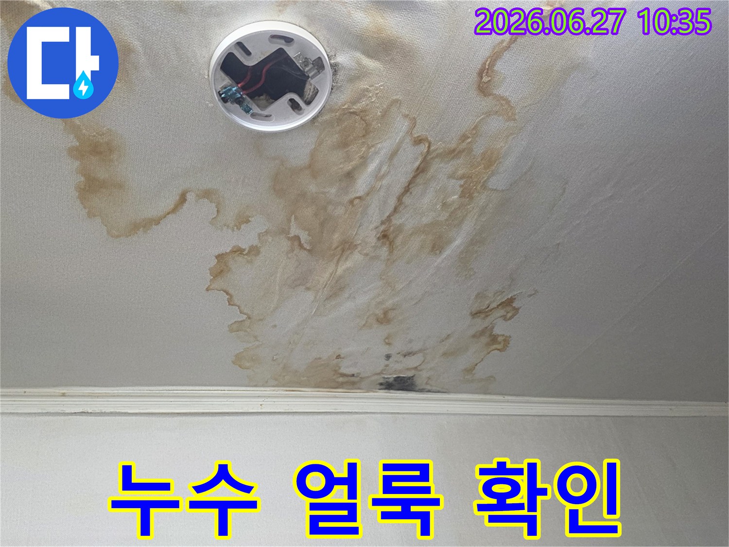 물샘으로 인해-천장 벽지가 젖고-변색된 모습을-자세히 보여주는 이미지