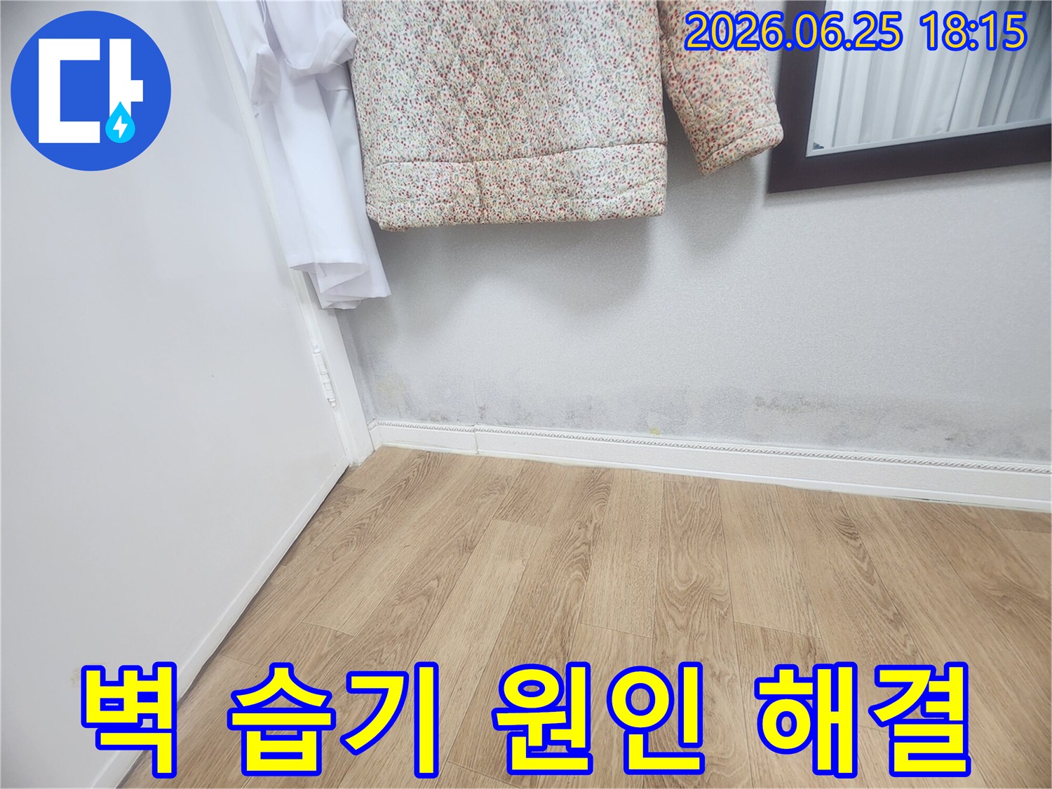 벽 하단에 나타난 습기와-곰팡이 자국은-내부 배관이나-외부 침투로 인한-누수 가능성을 시사하며-누수 원인 파악 및 해결이 시급합니다.