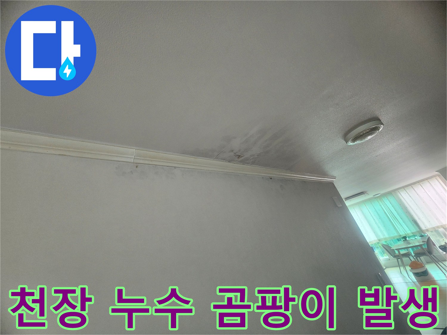 천장-모서리에-누수로-인한-곰팡이-발생이-확인되어-위생상-문제가-우려됩니다