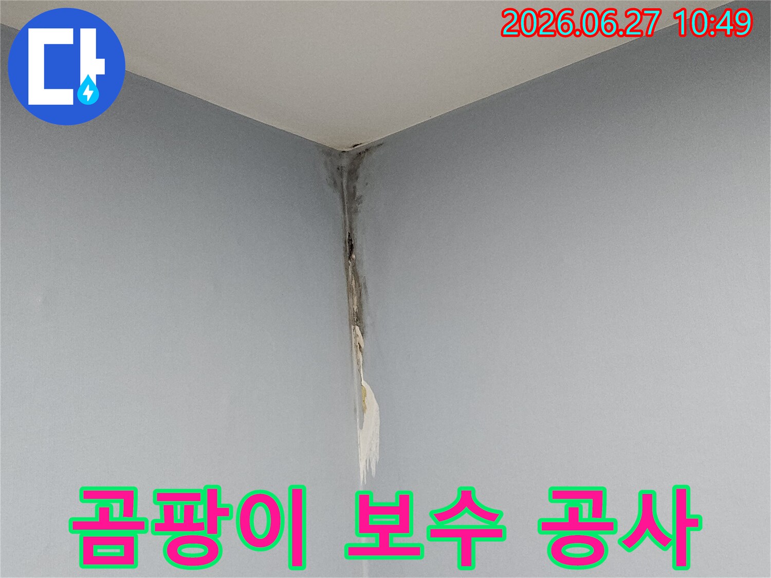 천장과 벽의 모서리 부분에 누수로 인한 곰팡이가 심하게 번져있고-벽지가 손상된 모습으로-전문적인 곰팡이 제거와 보수 공사가 필요한 현장입니다.