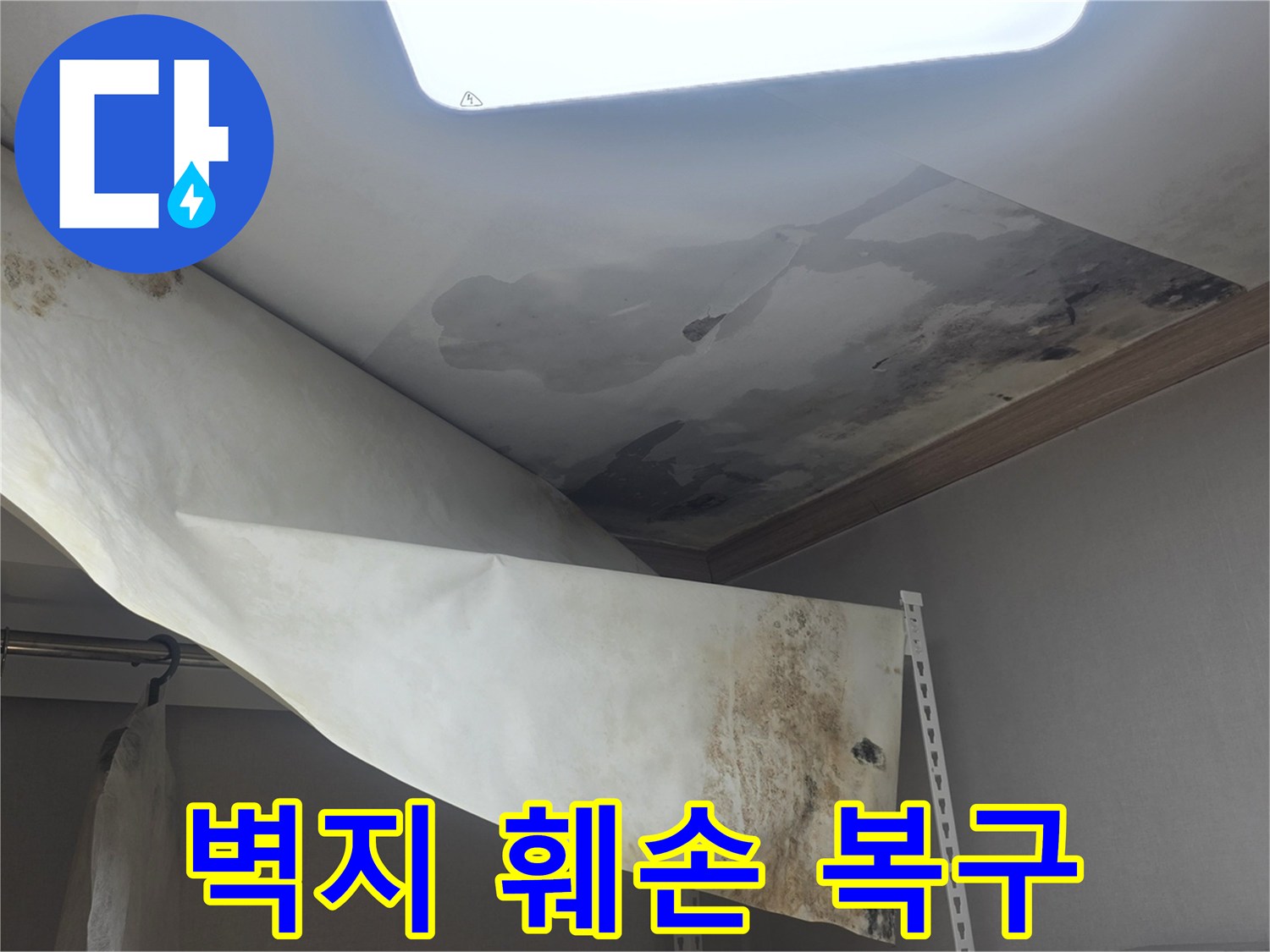 윗집 누수로 인해-천장 벽지가 심하게 훼손되고-곰팡이가 발생한-현장을 복구 중입니다