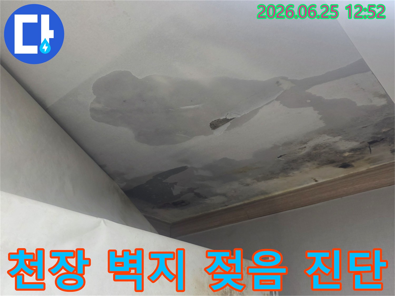 천장과 벽면의 벽지가 물에 젖어 변색되고 손상된 아파트 누수 피해 현장