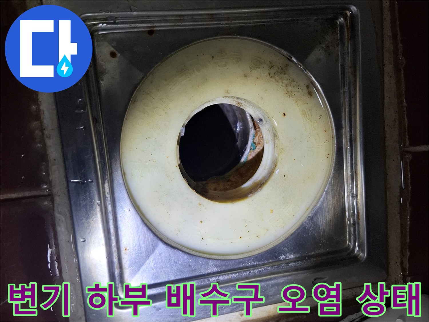 계양구 화장실 내부-변기 하단 배수구 주위의 누적된 물때와 오염