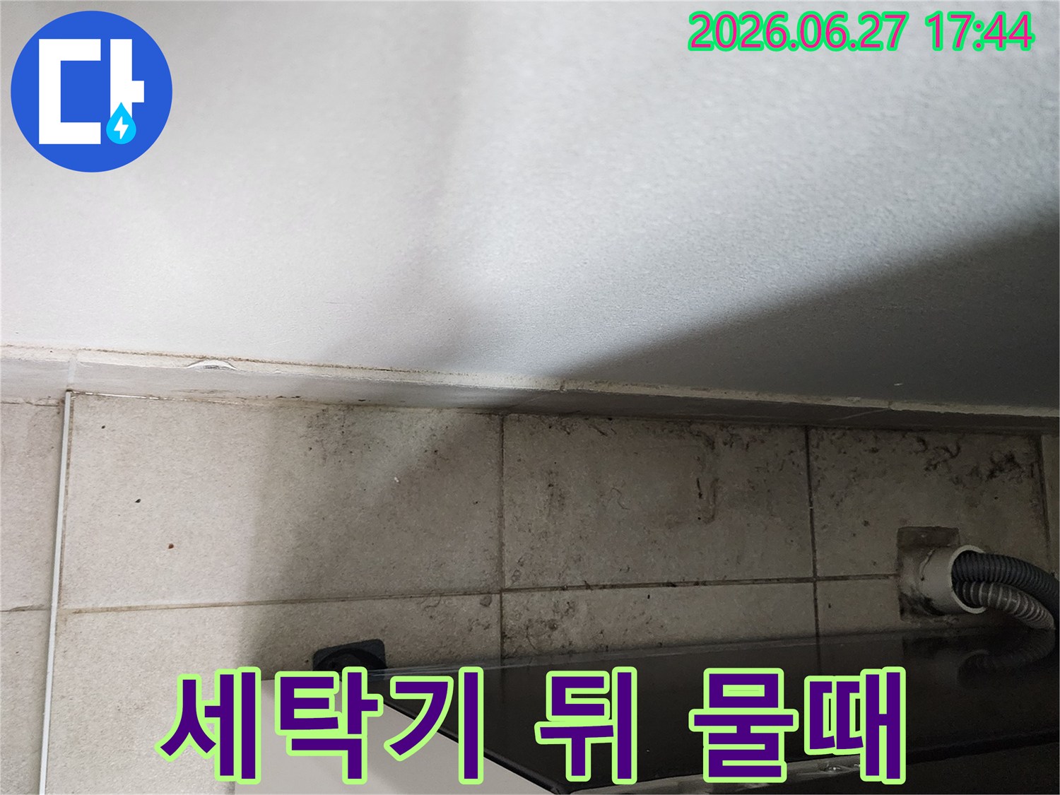 세탁기-뒤편-바닥-타일과-벽면-경계에-지속적인-누수로-인해-발생한-심각한-오염과-곰팡이가-확인되는-모습입니다.