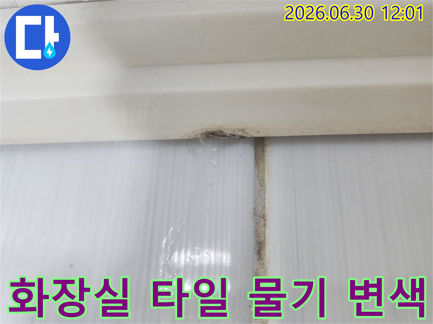 주택 화장실 타일 틈새에서 물기가 보이고 변색된-누수 현장의 진행 상황을 보여줍니다
