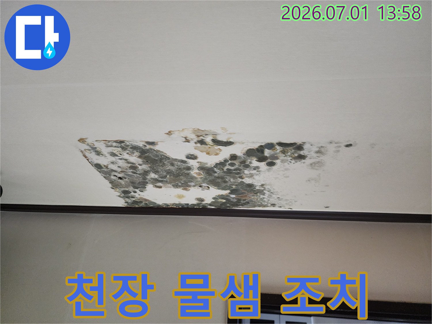 상가-천장에-발생한-누수-물샘-현상과-곰팡이-피해를-보여주며-긴급-조치의-필요성을-강조하는-사진입니다