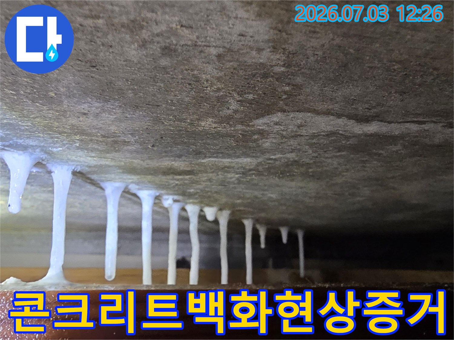 지속적인 누수로 형성된 천장 내 백화 현상과 석회 고드름