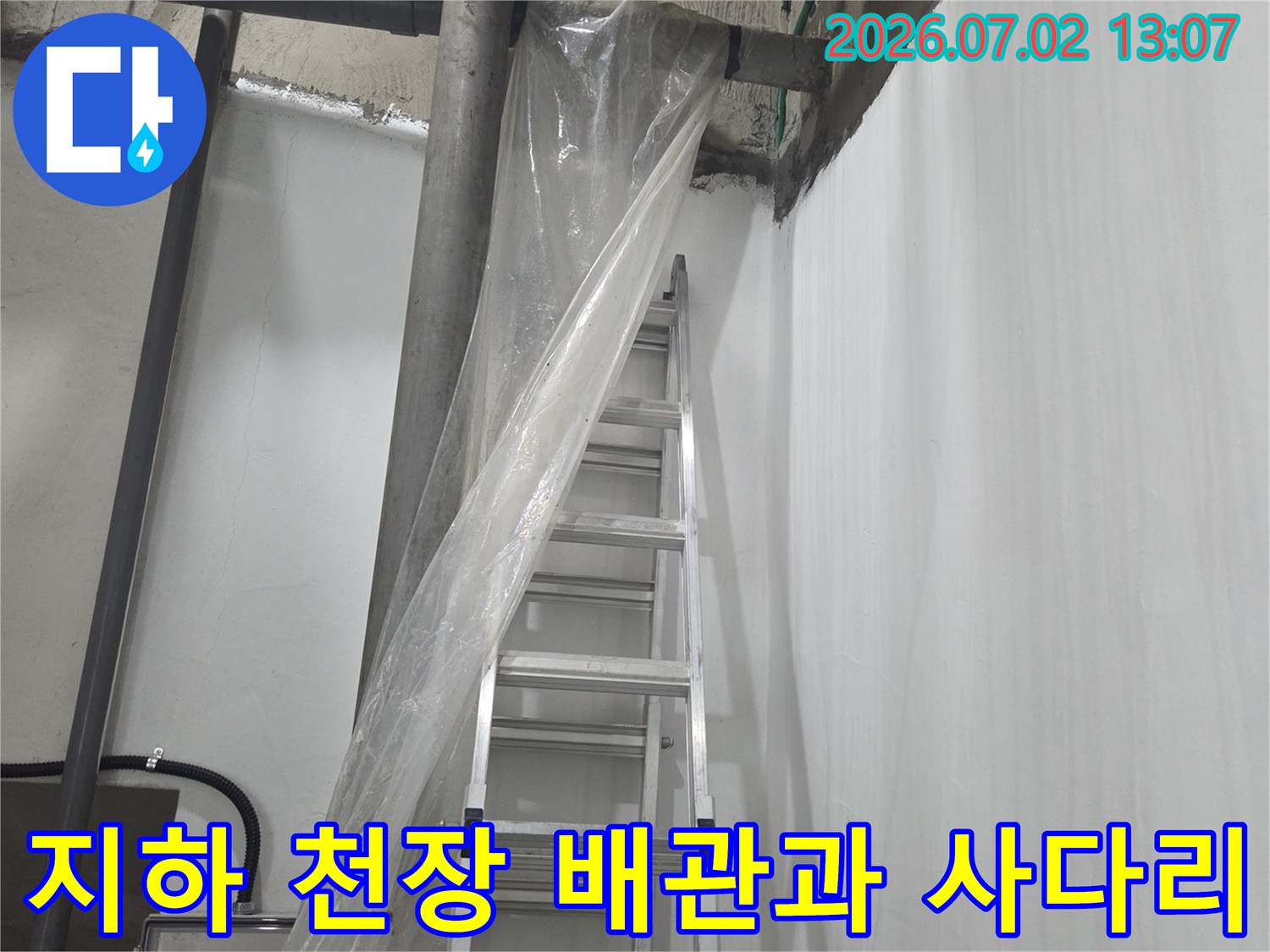 지하 공간 천장에 설치된 복잡한 배관 라인과 작업용 알루미늄 사다리가 놓여 있는 모습