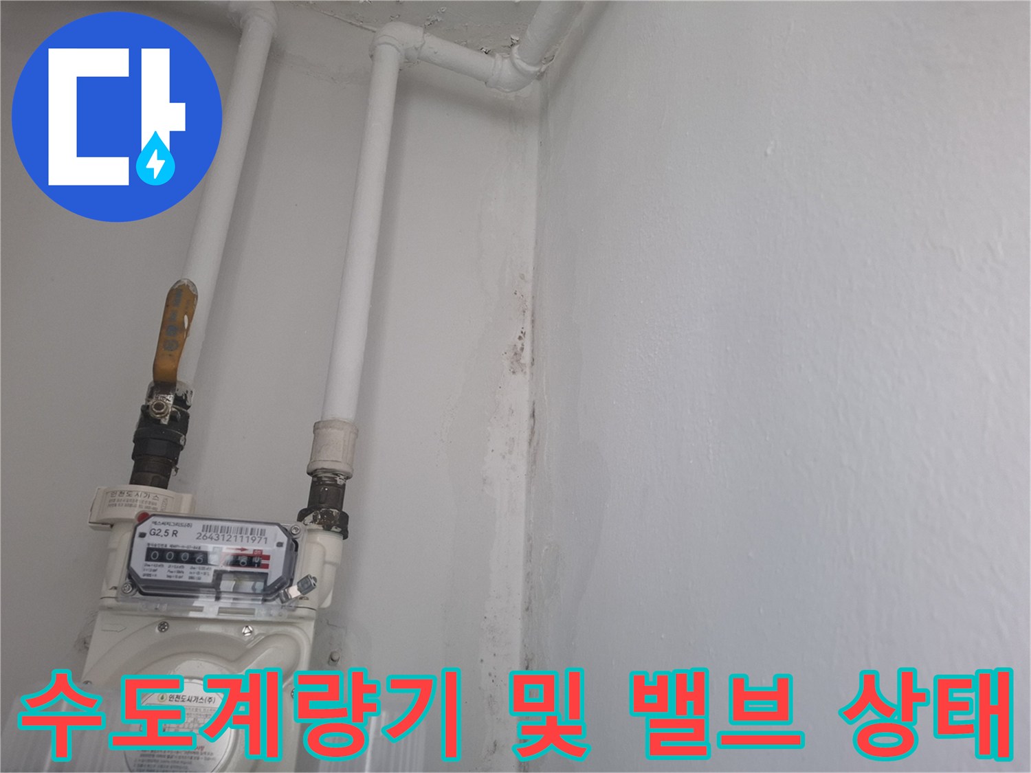 배관과 수도계량기가 설치된 벽면 모습입니다.