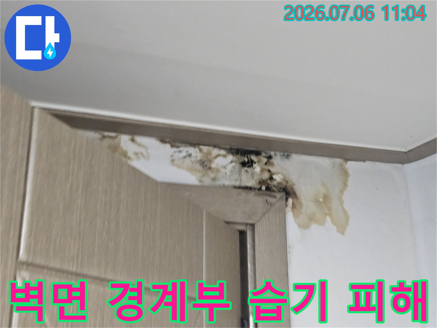 천장 모서리 부분에 발생한 대규모 누수 흔적 및 곰팡이