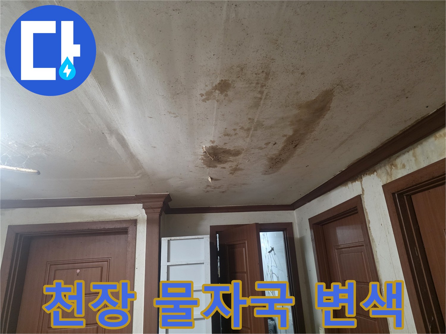 거실 천장에 발생한 갈색의 넓은 누수 얼룩 부위