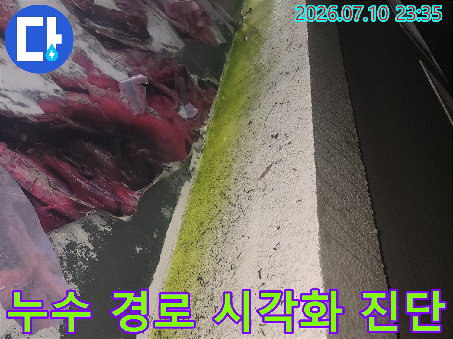 형광 물질을 활용해 천장과 벽면 사이의 누수 발생 위치를 정밀하게 분석하는 장면