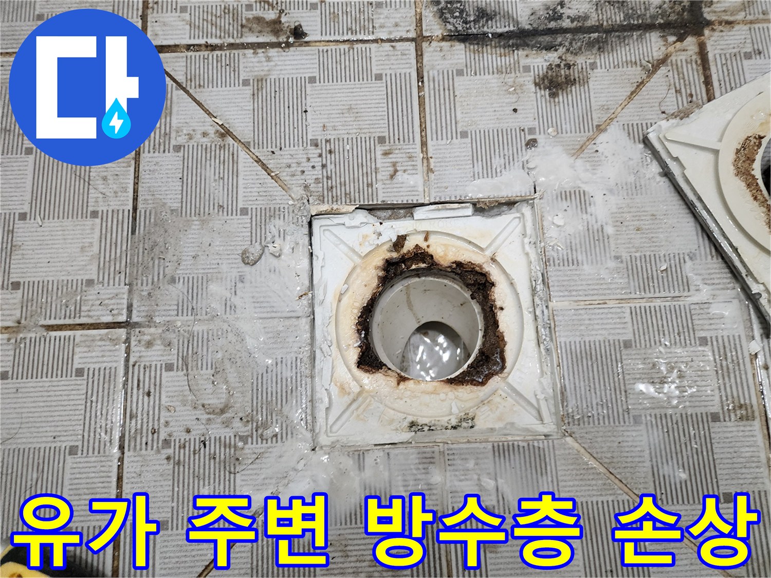 하수구 유가 주변의 깨진 방수 상태와 오염된 배관 부위입니다.