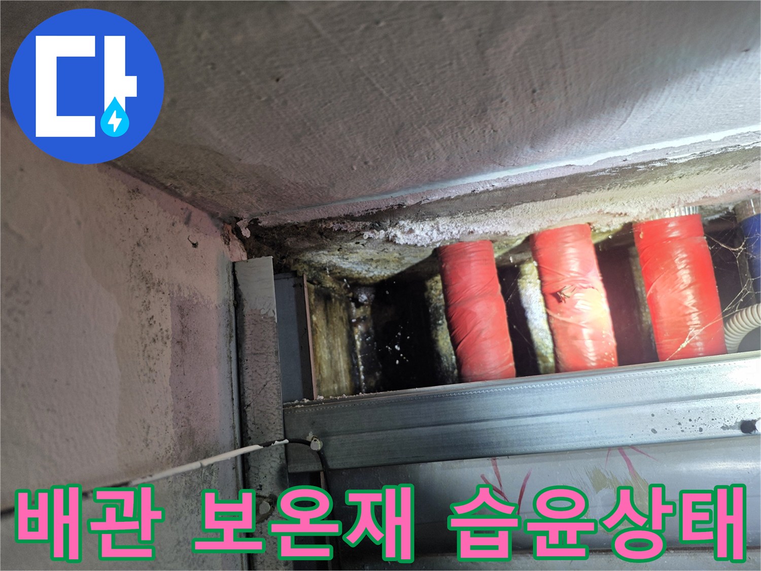 붉은색 배관 보온재-주변 천장 마감재의 젖음 현상