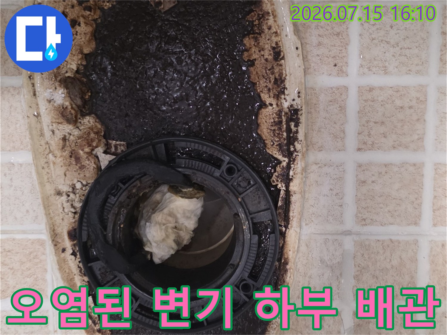 변기 탈거 후 노출된 오염된 오수관과 정심 부위의 모습