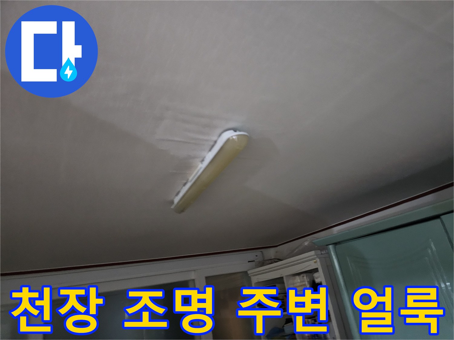 천장 조명기구 주변의 젖은 흔적과 변색된 상태를 보여주는 사진입니다.