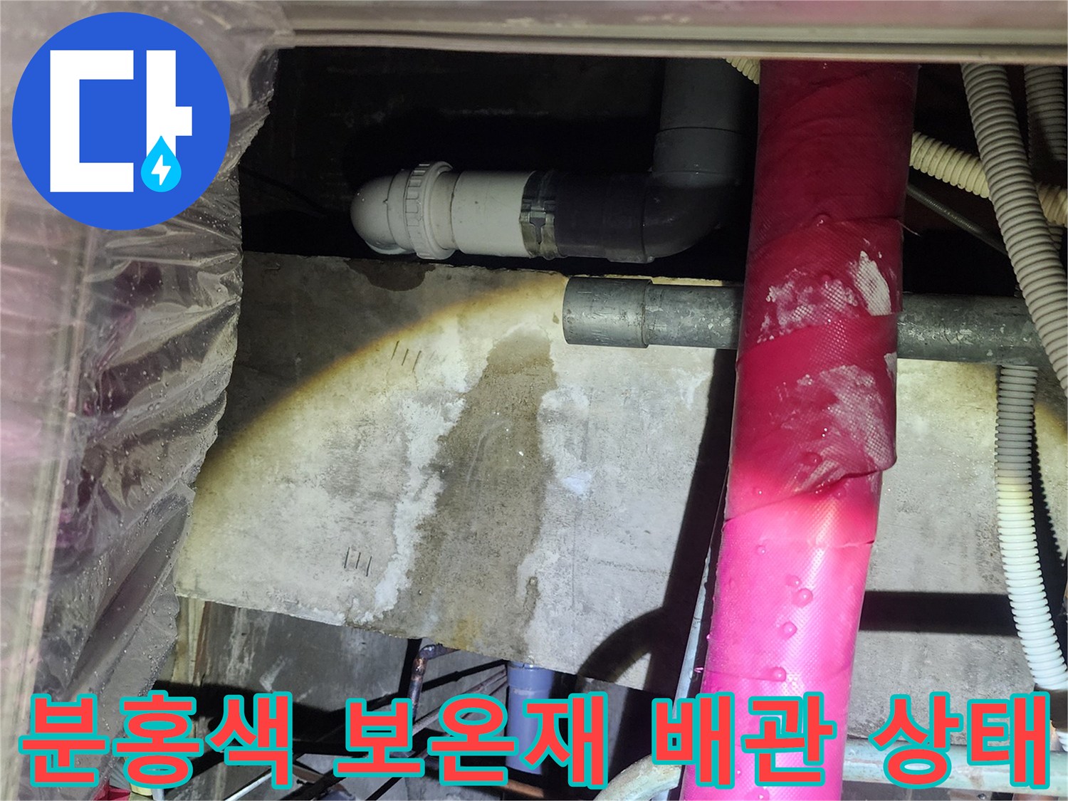 천장 내부-습기가 머무른 분홍색 보상재 배관