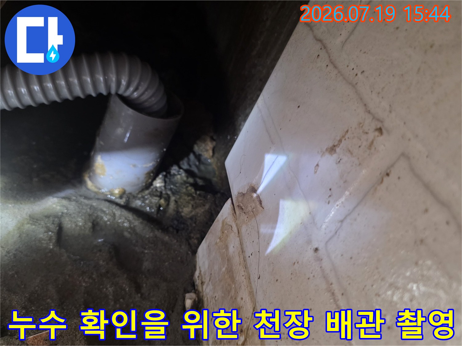 천장 내부로 노출된 하얀색 주름관과 배수 파이프의 연결 상태 사진