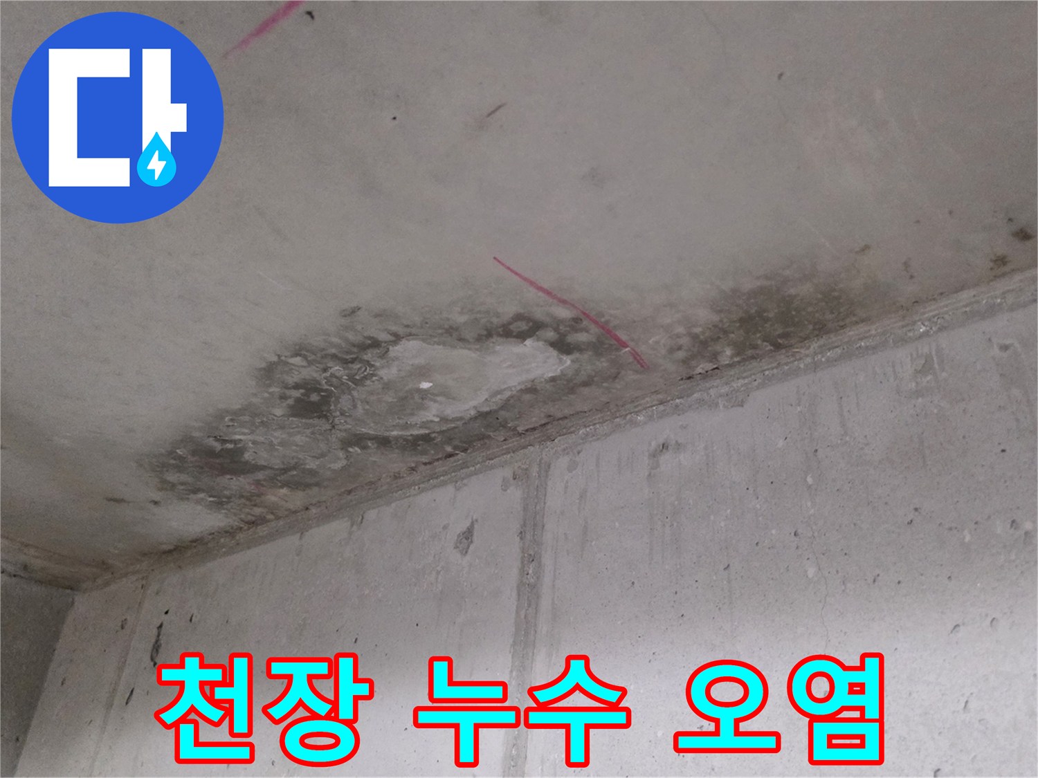 물샘 현상이 진행된 아파트 천장의 얼룩진 모습