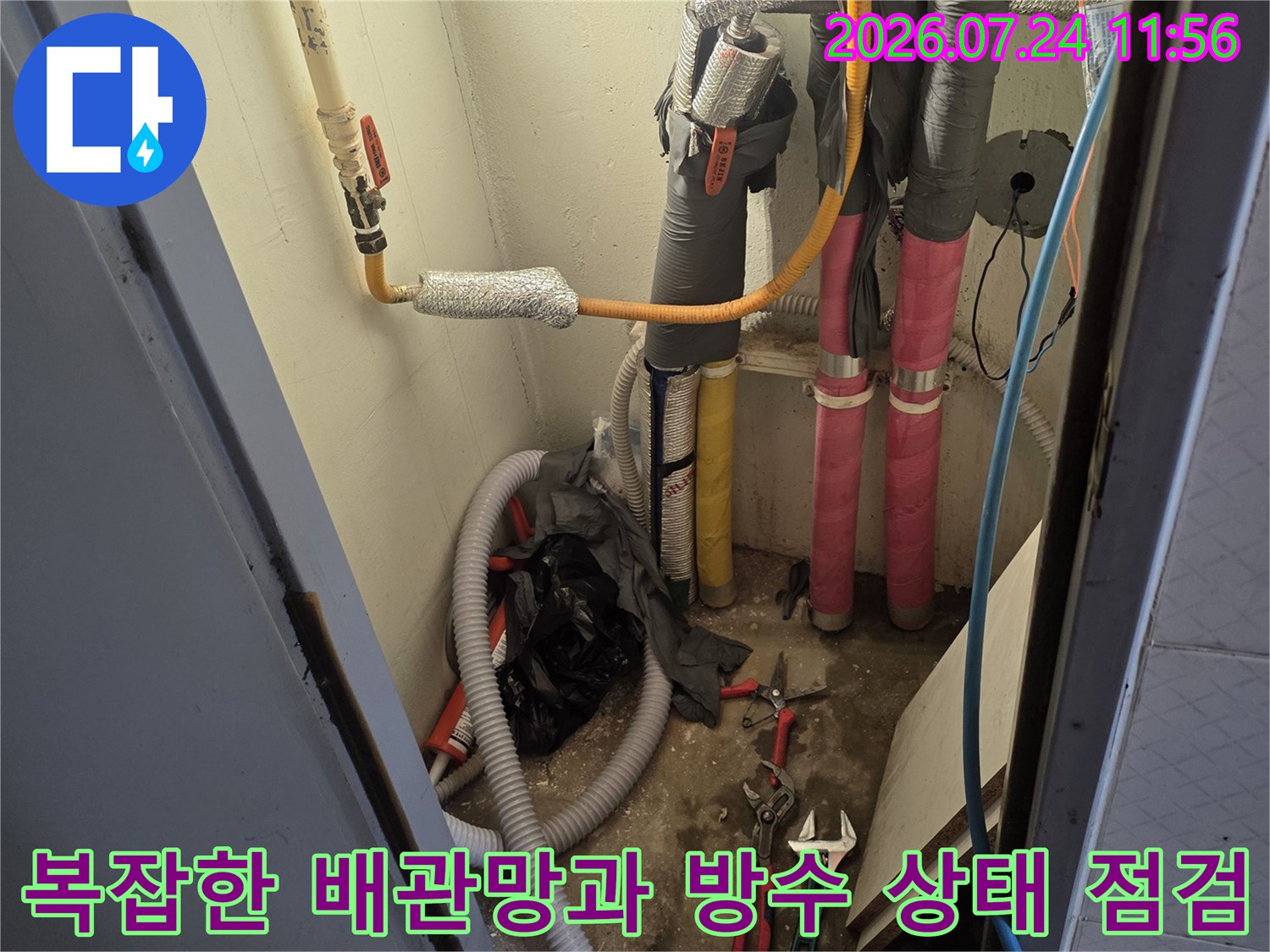 노출된 배수 시스템과 보온재가 처리된 다양한 관들의 배열을 확인하는 장면