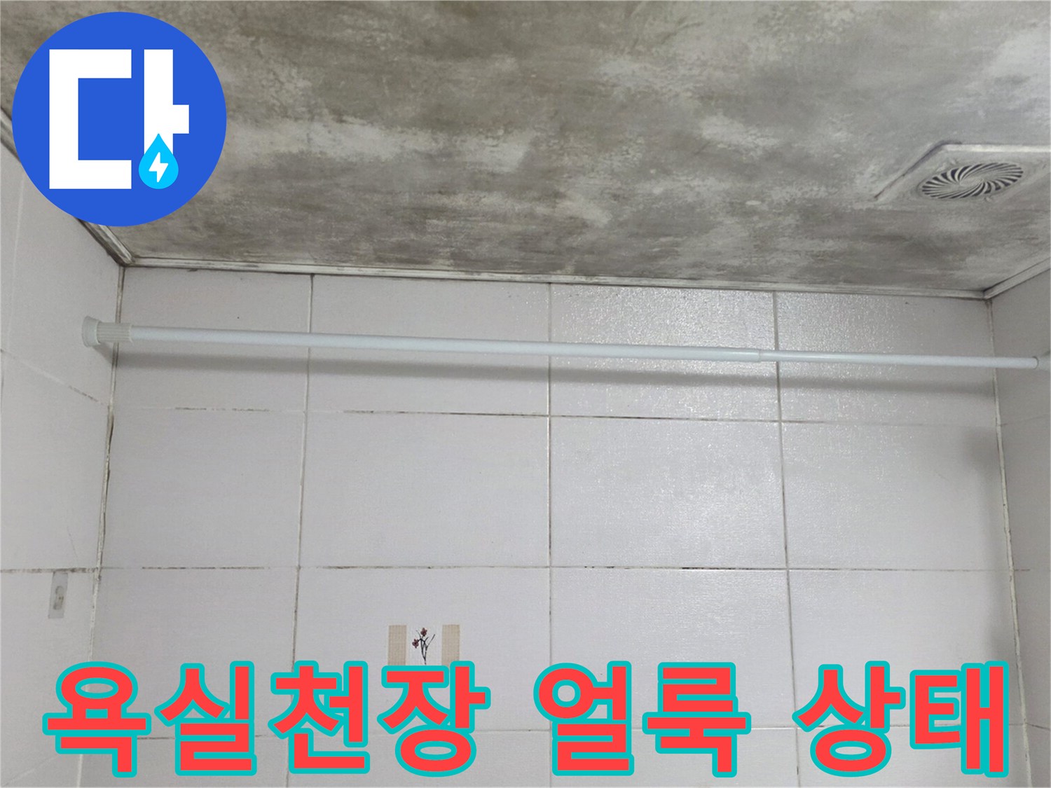 마포구 아파트-욕실 천장에 발생한 넓은 범위의 습기 얼룩과 변색된 상태