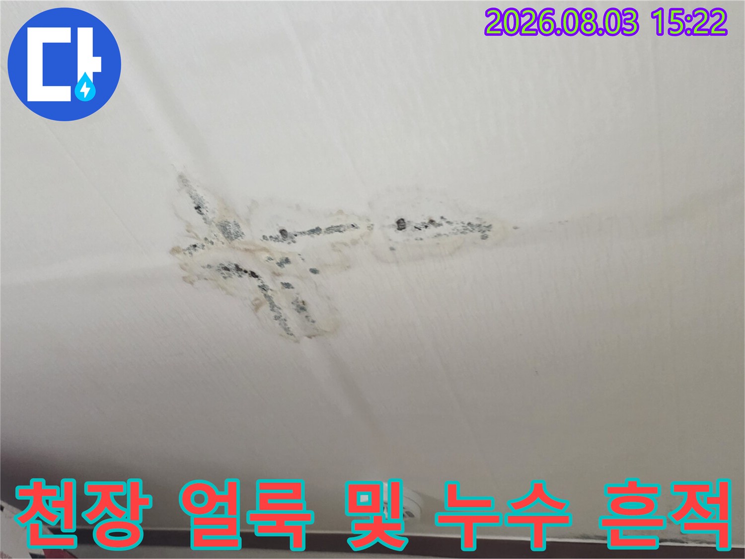 천장 마감재에 남은 수분 자국과 오염 부위를 촬영한 사진