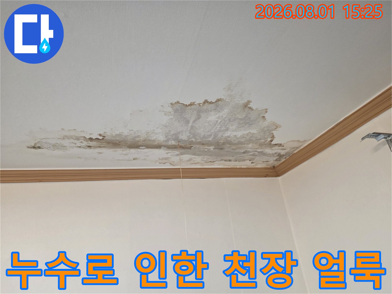 천장 마감재가 물에 젖어 변색된 상태를 촬영한 누수 점검 사진