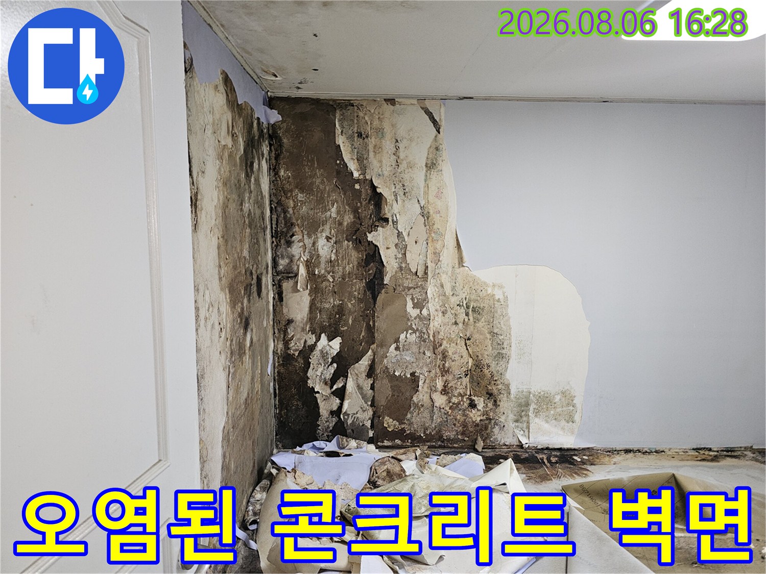 누수로 오염된 벽면-콘크리트 슬래브의 습기와 곰팡이 발생 상태