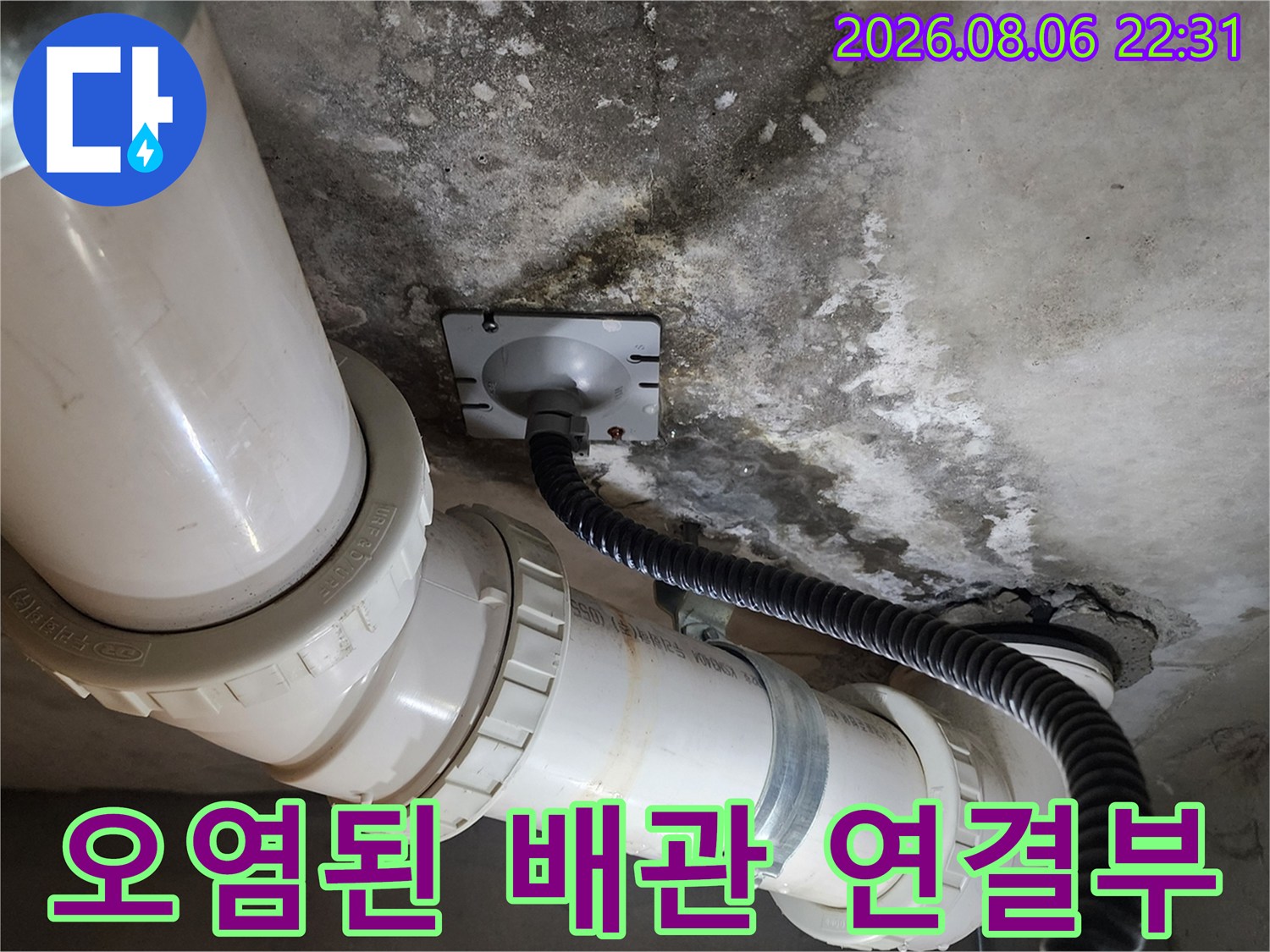배관 주변의 젖은 콘크리트와 오염된 부위를 근접 촬영한 사진입니다.