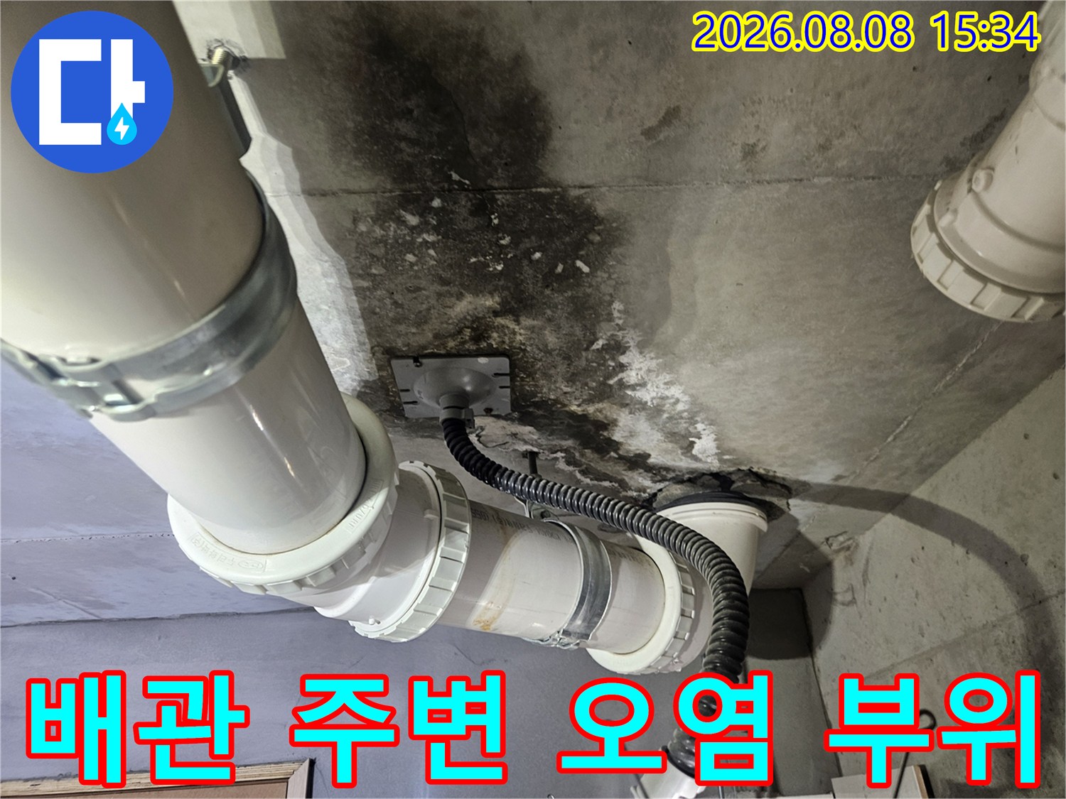 천장 배관 연결부 주변의 젖은 콘크리트와 곰팡이 흔적