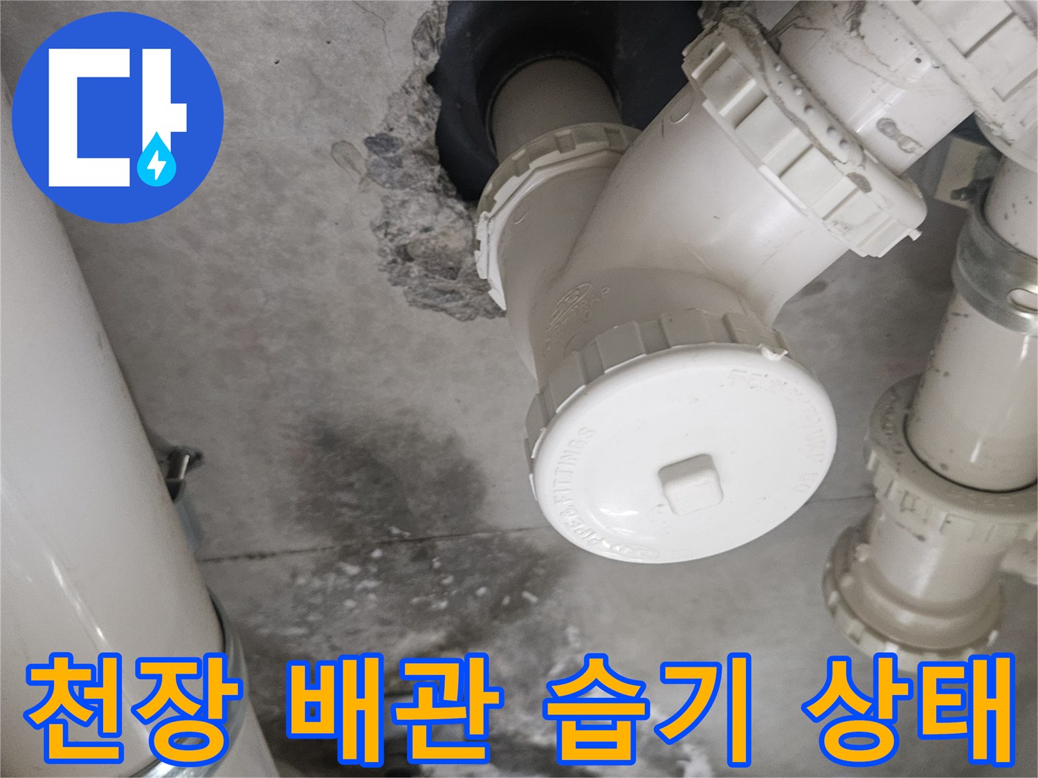 화장실 천장 배관 주변의 습기와 오염 상태를 보여주는 사진