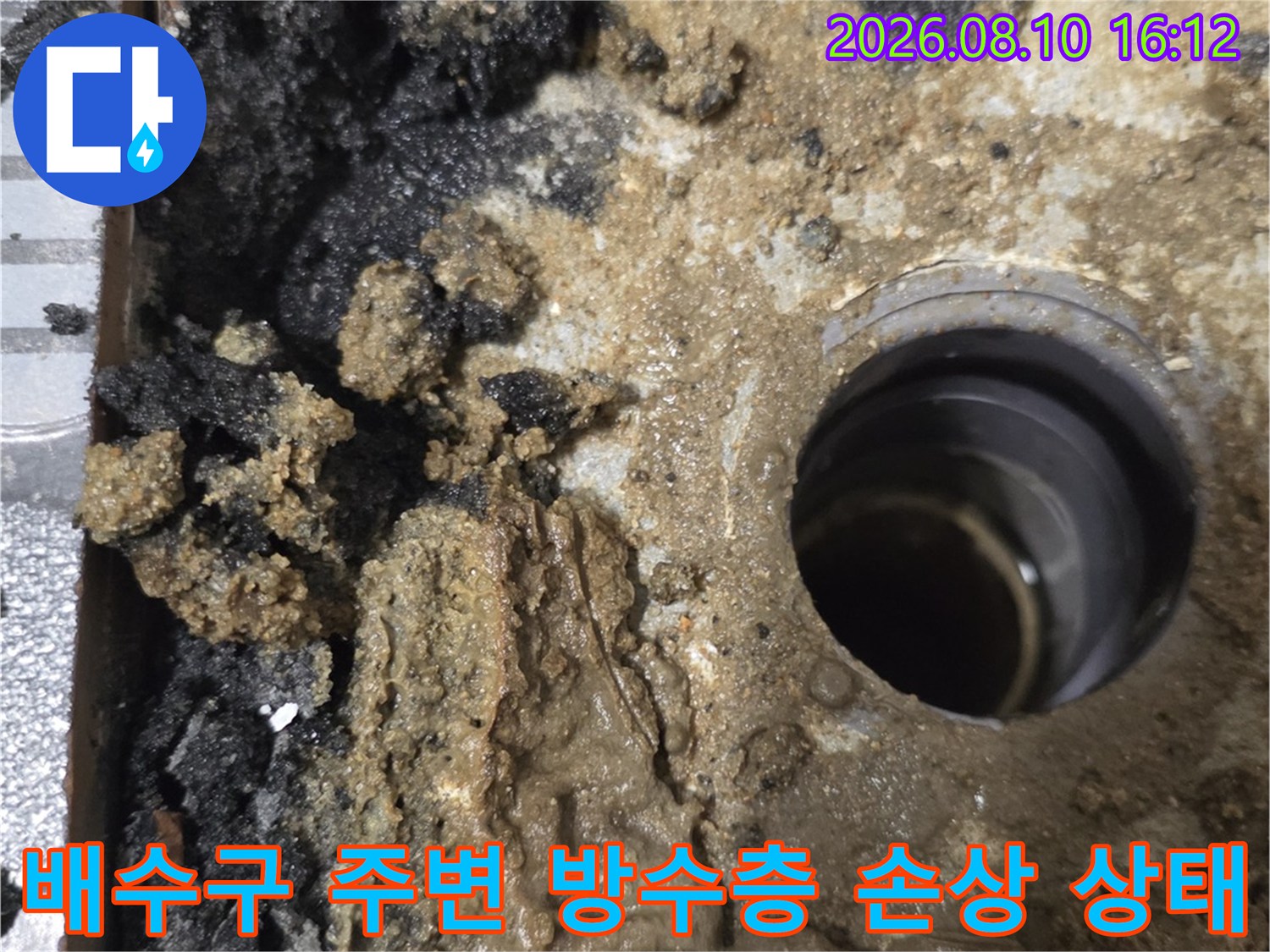 구리 인창동 현장-배수구 유가 주변의 노후된 방수층과 곰팡이 상태