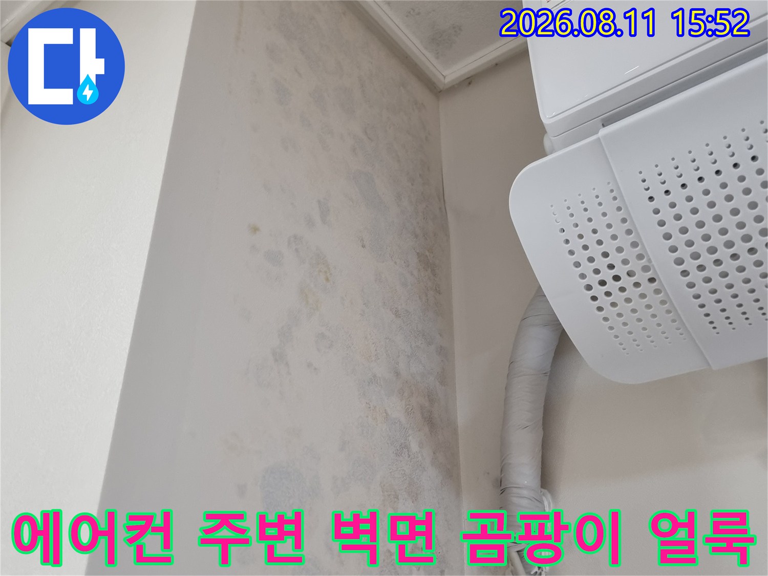 천장 에어컨 실내기 아래쪽 벽면에 푸르스름한 곰팡이와 물 얼룩이 퍼져 있는 모습