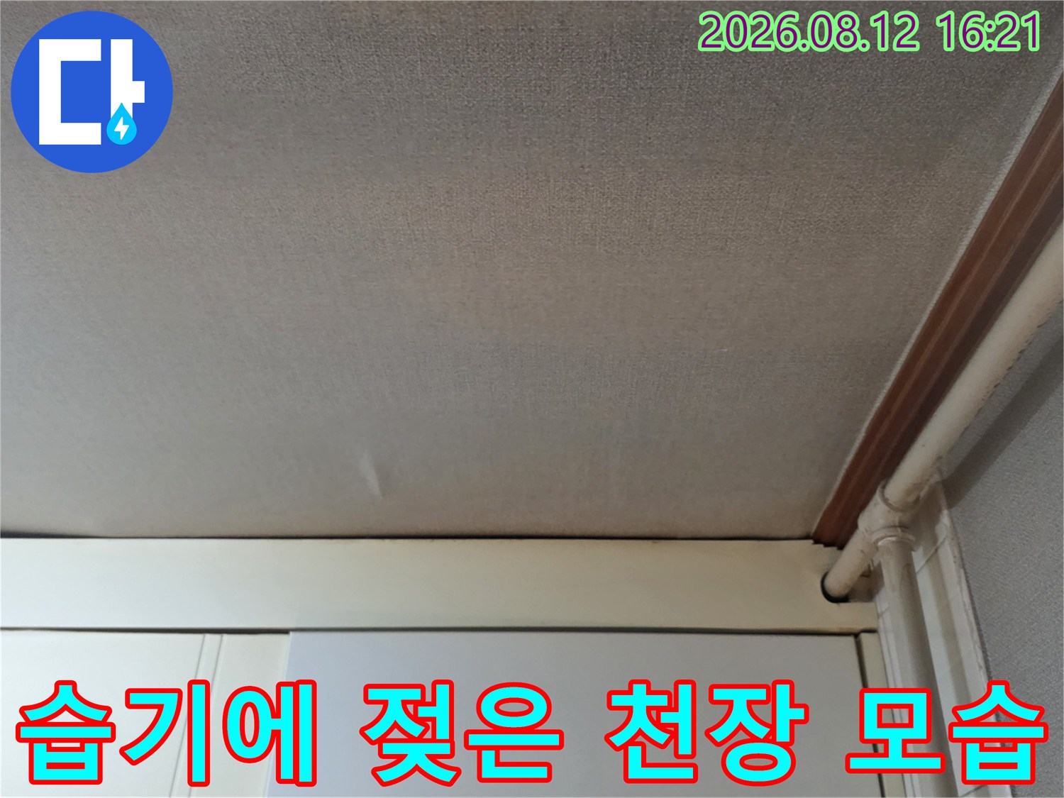 흰색 천장에 발생한 누수 얼룩과 우측 배관 라인이 함께 촬영된 사진