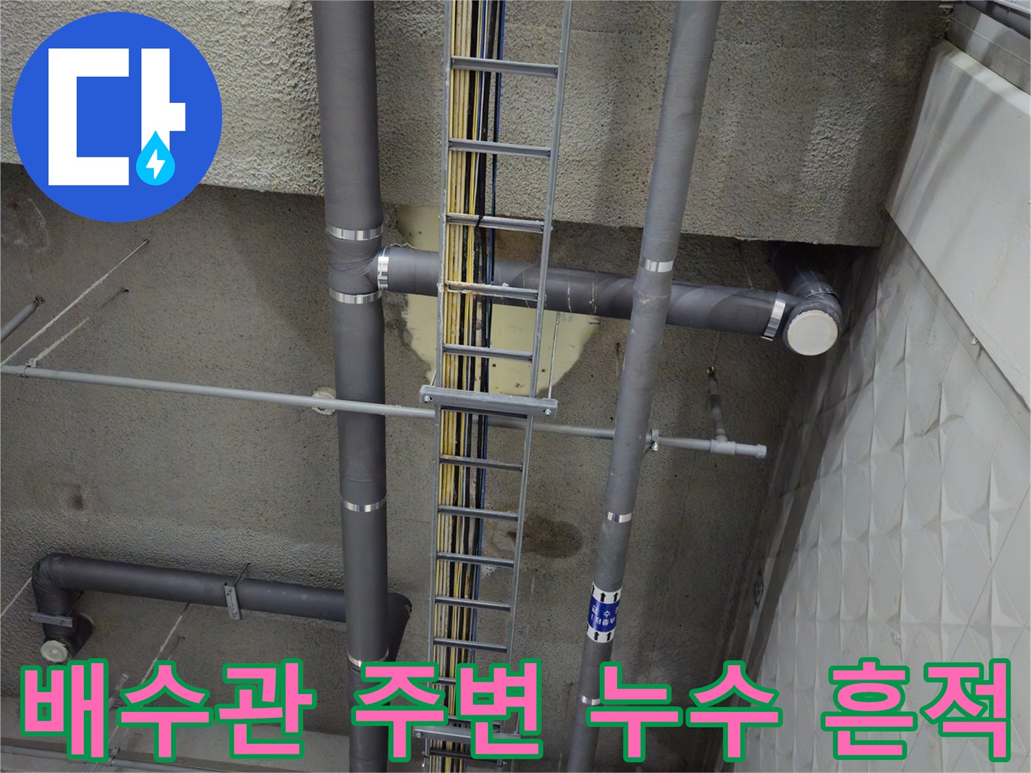 지하 주차장 천장에 노출된 굵은 배수관과 전선 트레이의 모습