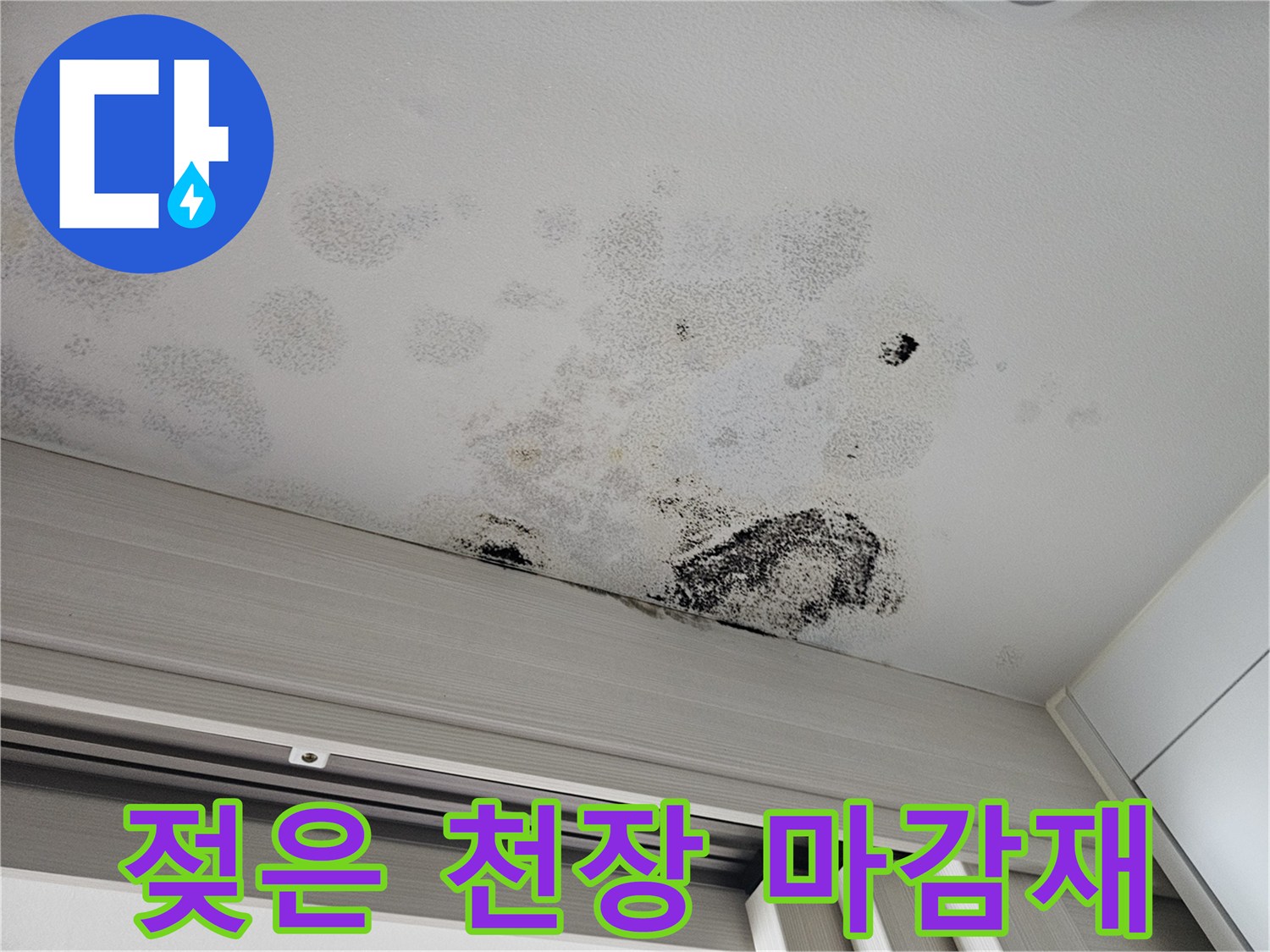 물샘 흔적으로 인해 변색되고 곰팡이가 생긴 천장 부위