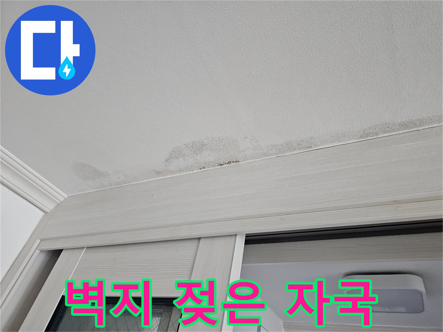 중문 천장 벽지가 물에 젖어 어둡게 변한 상태