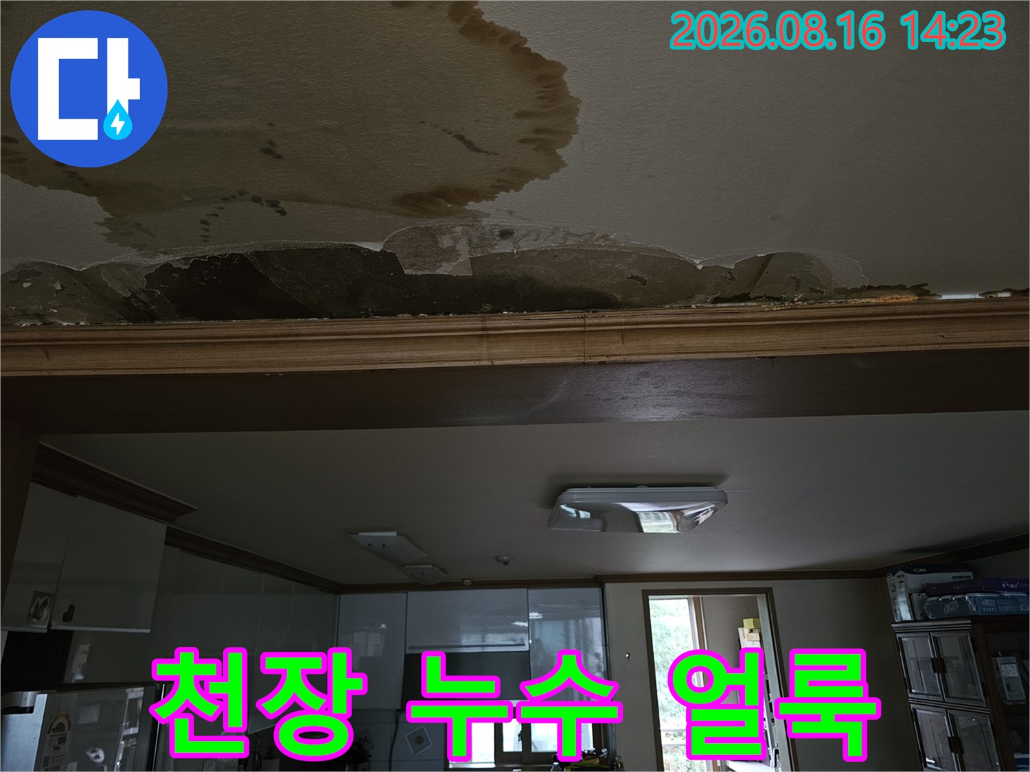 도봉구 아파트 천장에 발생한 커다란 물얼룩과 벗겨진 마감재 상태