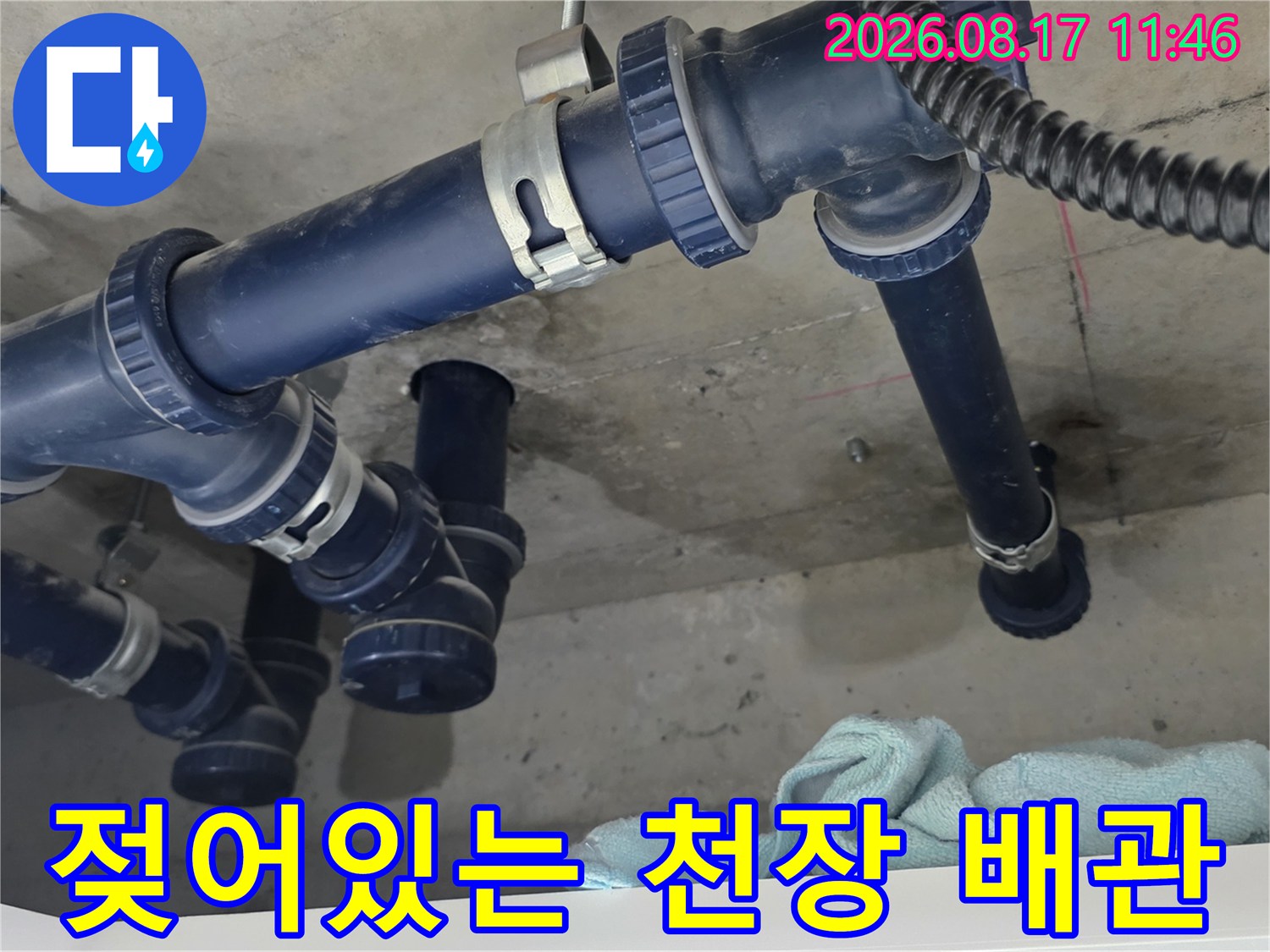 습기가 느껴지는 천장 슬라브와 파란색 배수 배관의 모습