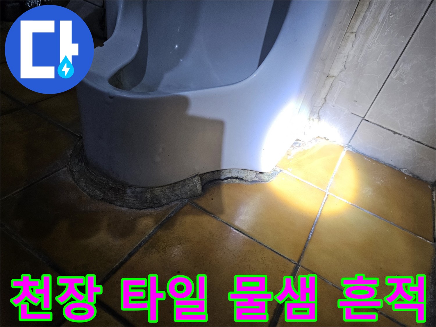 가락동 현장-물샘으로 인해 젖어 있는 천장 타일 접합부