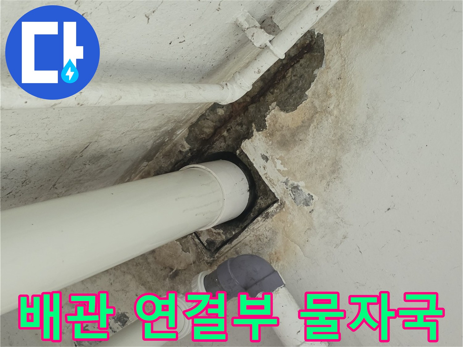 PVC 파이프 주변의 넓게 퍼진 누수 흔적과 변색 부위