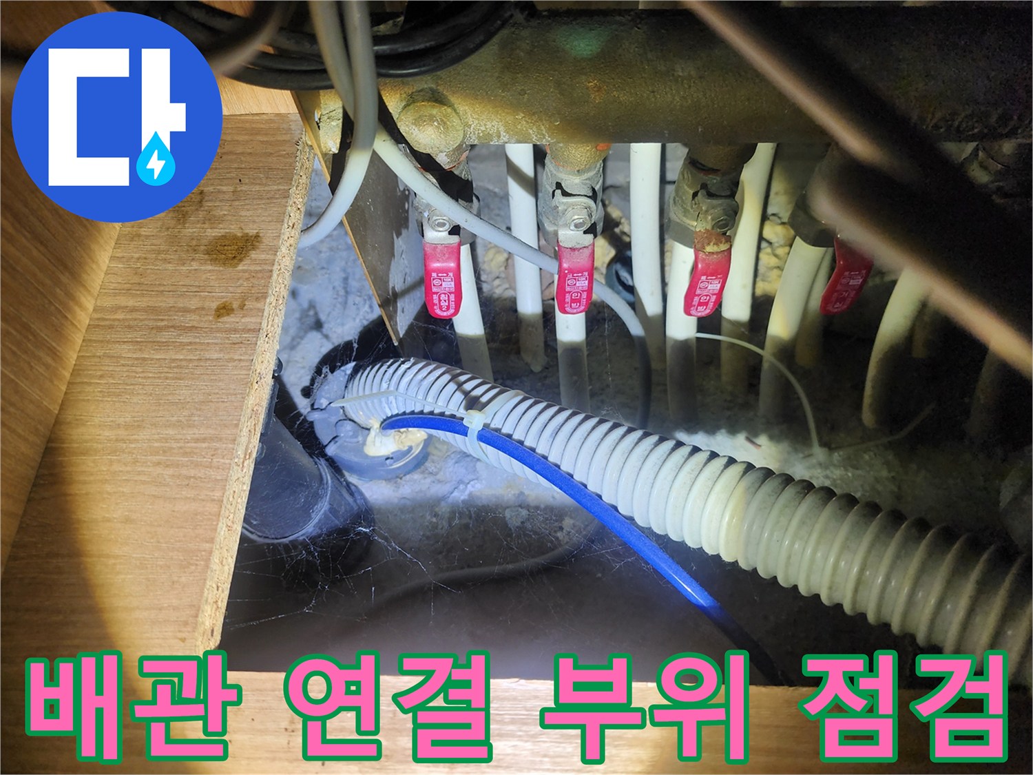 싱크대 하단 급수 밸브와 파란색 배수 호스 주변 상황