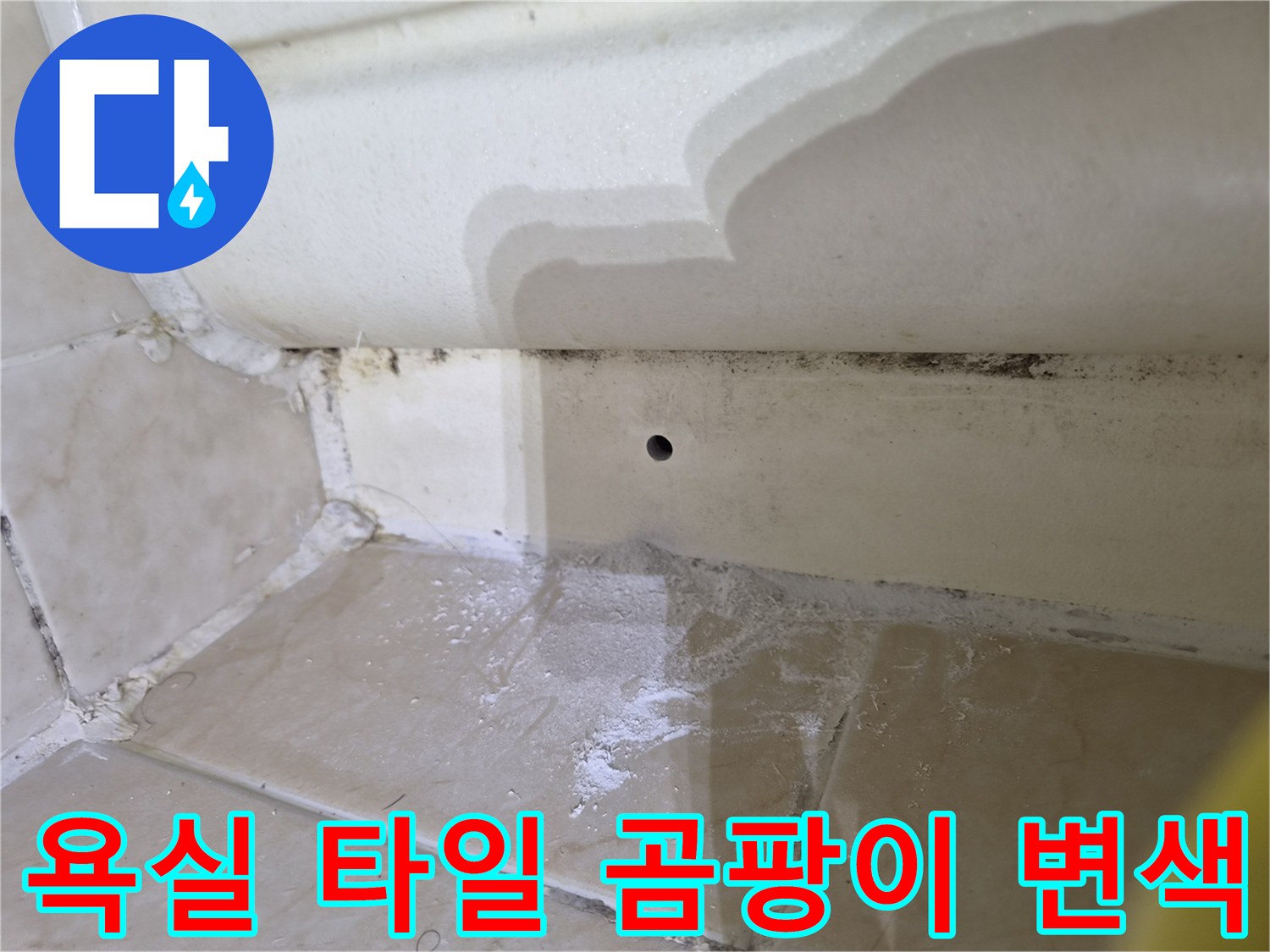 습기로 인해 검게 변한 타일 줄눈과 마감재 경계 부분