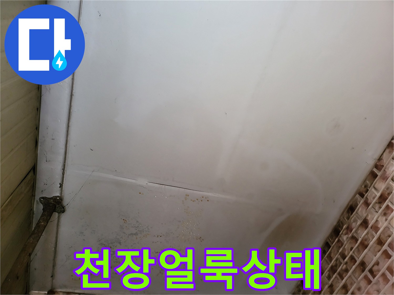 물샘으로 인해 얼룩지고 변색된 천장 벽지 상세 사진