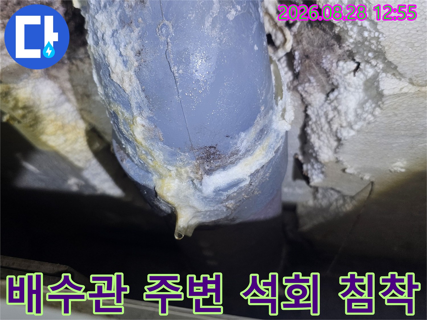 하얗게 굳은 석회질-배수관 이음새 주변에 나타난 누수 흔적과 석회 침착 현상